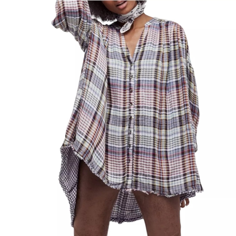 Free People Come On Over Plaid Button Down Swing Shirt Oversized Raw Hem Size S